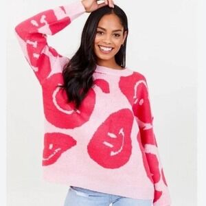 Smiley Face Knit Sweater Altar'd State Red‎ Pink L Kidcore Dopamine Funky Retro